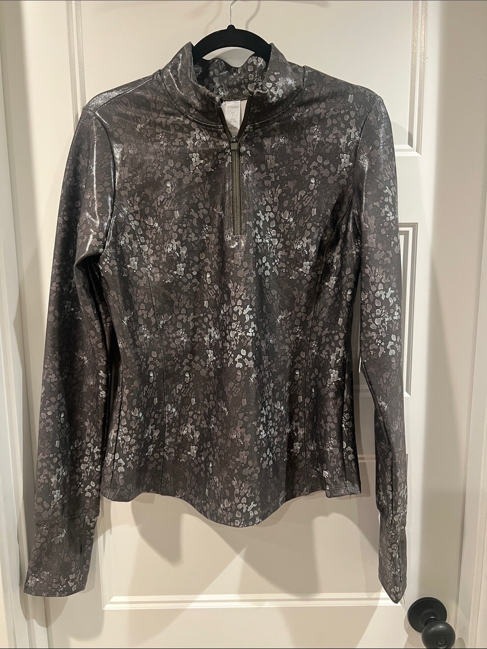 Marika Silver Gray Metallic Animal-Print Half Zip